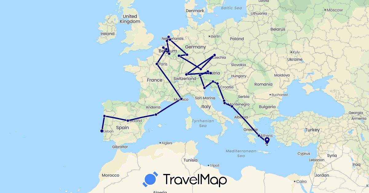 TravelMap itinerary: driving in Austria, Belgium, Switzerland, Czech Republic, Germany, Spain, France, Greece, Croatia, Italy, Monaco, Netherlands, Portugal, Slovenia (Europe)